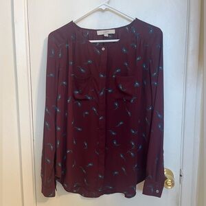 LOFT Burgundy Blouse with Teal Feather Print